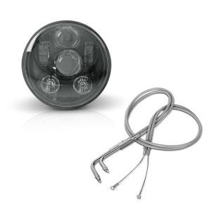 Set: Hauptscheinwerfer LED 5,75 Zoll für Harley Sportster Forty-Eight 48 10-20 schwarz von Craftride + Gaszug für Harley Sportster Forty-Eight 48 10-14 Edelstahl Ummantelung Craftride_1