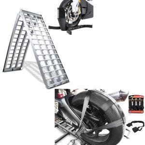 Set: Rampe de chargement moto aluminium CP5 set bloque roue Easy Plus pliable -680kg + Ceinture d'arrimage de roue arrière et guidon Moto avec 4x Sangles de cliquet