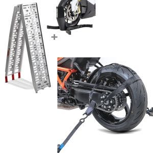 Set: Rampe de chargement moto aluminium CS1 set bloque roue Easy Plus pliable -340kg + Ceinture d'arrimage de roue arrière Moto avec 4x Sangles de cliquet noir