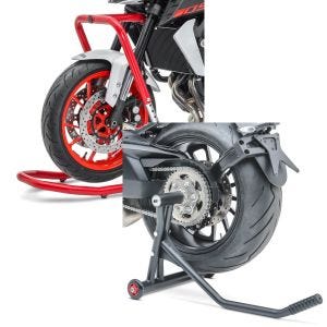 Set: Lenkkopfständer Montageständer passend für BMW R NineT Scrambler 16-23 ConStands V5 rot + Einarmständer passend für BMW R NineT Scrambler 16-23 Montageständer ConStands Single-Racing schwarz matt