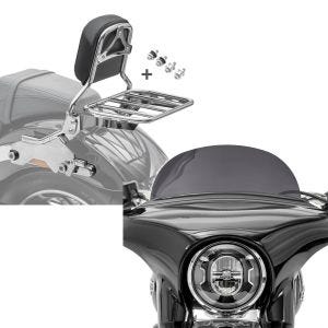 Set: Sissy Bar compatible avec Harley Davidson Softail / Sport Glide 18-24 R1 porte-bagages kit montage R1 chrome Craftride + Pare-brise compatible avec Harley Davidson Sport Glide 18-24 Craftride M saute vent fumé foncé
