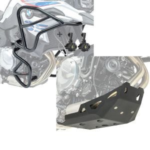 Set: Set Sturzbügel oben unten XL + Scheinwerfer passend für BMW F 850 GS / F 750 GS 18-20 Motoguard schwarz + Motorschutz passend für BMW F 750 GS 18-20 Motoguard Aluminium Bugspoiler Unterbodenschutz schwarz