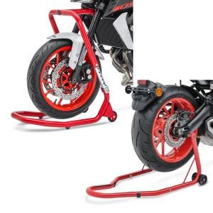 Set: Béquille avant sous T de fourche V5 compatible avec Yamaha FZR 1000 87-95 rouge + Béquille arriere ConStands Classic Universal rouge