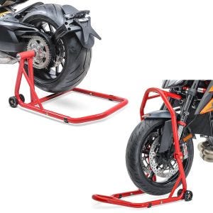 Set: Béquille d'atelier monobras compatible avec Triumph Speed Triple / R 97-20 ConStands Single-Classic rouge + Béquille sous tete de fourche Constands Classic leve moto roue avant rouge