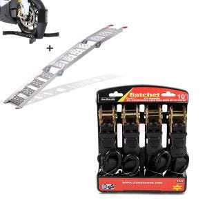 Set: Rampe de chargement moto aluminium CS3 set bloque roue Easy Plus pliable -270kg + Moto Sangle Set ConStands avec cliquet et crotchet incl 4x boucles de chargement en noir