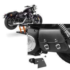 Set: Moto Pont elevateur ciseaux ConStands Mid-lift L Pont hydraulique pour Chopper 680kg orange + Sacoche bras oscillant + support compatible avec Harley Davidson Dyna Fat Bob 08-17 Craftride