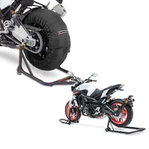 Set: Motorrad Reifenwärmer Set Laguna Seca ConStands 60-80°C passend für Vorderrad und Hinterrad 17 Zoll in schwarz + Motorrad Montageständer Set Constands FB Motorradständer vorne und hinten