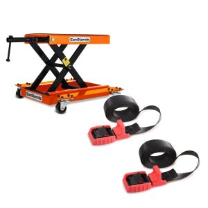 Set: Moto Cric Chariot De Déplacement ConStands Mid-lift M Mover 500 kg en orange + Moto Sangle set ConStands avec cliquet et protection caoutchouc boucle noir-rouge