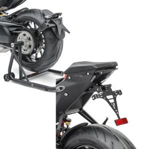 Set: Béquille d'atelier monobras compatible avec KTM 1290 Super Duke / R 14-23 ConStands Single-Classic noir-mat + Support de Plaque Moto compatible avec KTM Super Duke R 20-23 avec éclairage LED Zaddox