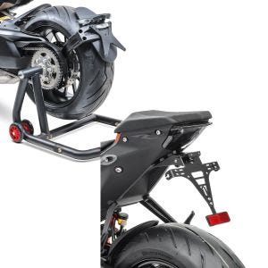 Set: Béquille d'atelier monobras compatible avec KTM 1290 Super Duke / R 14-23 ConStands Single-One noir + Support de Plaque Moto compatible avec KTM Super Duke R 20-23 avec éclairage LED Zaddox