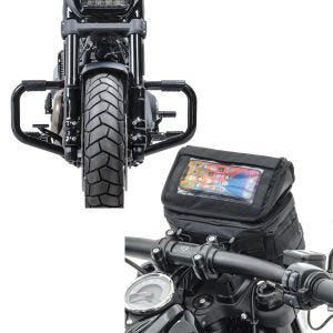 Set: Pare cylindre Mustache II compatible avec Harley Davidson Softail Fat Bob 114 18-24 noir + Sacoche de guidon compatible avec moto custom support smartphone Craftride LB2 CB22025