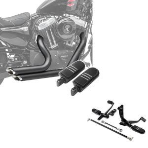 Crafride Pot d'échappement Short Shot Moto Silencieux compatible avec Harley Davidson 04-13 en noir Craftride + Set: Moto commandes avancées compatible avec Harley Davidson Sportster 04-13 en noir + repose pieds Chauffeur-Passager BQ compatible avec Harle