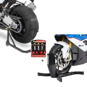 Set: Motorrad Reifenwärmer Set ConStands Billown 60-80-95 °C passend für Vorderrad und Hinterrad 17 Zoll schwarz + ConStands Easy Plus - Motorradwippe inklusive 4-fach Spanngurt-Set passend für Anhänger | Zurrschlaufen Radhalter Radklemme