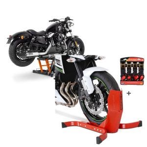 Set: Moto Pont elevateur ciseaux ConStands Mid-lift L Pont hydraulique compatible avec moto custom et Chopper 680kg orange + Set béquille cale de roue moto rouge avant av. Sangles de cliquet ConStands Easy Plus CB39489
