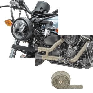 Set: Phare LED 5,75" Set Moto Universal Feux avant Craftride C10 Noir + Bande thermique moto Craftride Protection thermique echappement 10m titane