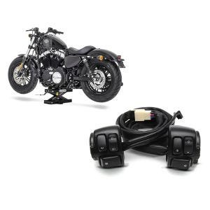 Set: Moto Pont elevateur ciseaux ConStands Mini-Lift Cric 500kg en noir + Commandes de Guidon compatible avec Harley Davidson Dyna Sportster Softail V-Rod 96-13 noir Craftride