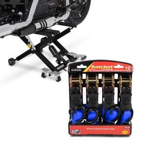 Set: Moto Pont elevateur ciseaux ConStands Mid-lift XL Cric hydraulique 500kg en noir + Moto Sangle Set ConStands avec cliquet et crotchet incl 4x boucles de chargement en bleu