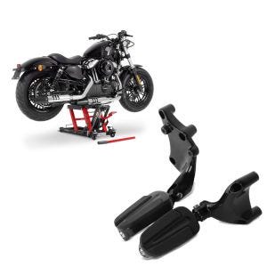 Set: Moto Pont elevateur ciseaux ConStands Mid-lift L pour Chopper 680kg en rouge + Respose pieds passager compatible avec Harley Davidson Sportster Forty-Eight 48 14-20 Craftride avec support en noir