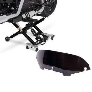 Set: Moto Pont elevateur ciseaux ConStands Mid-lift XL Cric hydraulique 500kg en noir + Pare-brise 4,5" compatible avec Harley Davidson Electra-Street Glide 96-13 noir Craftride