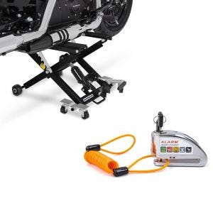 Set: Moto Pont elevateur ciseaux ConStands Mid-lift XL Cric hydraulique 500kg en noir + Antivol bloque disque Alarme moto avec câble de rappel Tourtecs 110dB en chrome