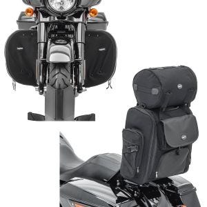 Set: Motorrad Sissybar Tasche Craftride SXL Hecktasche mit Gepäckrolle in schwarz + Sturzbügel Spritzschutz passend für Harley Davidson Touring 80-24 Beinwärmer Craftride