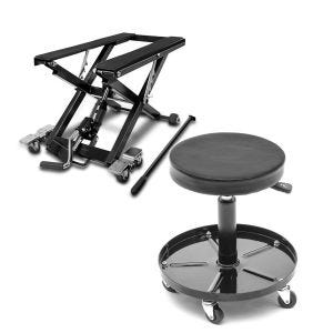 Set: Pont élévateur ciseaux compatible avec moto custom ConStands Mid-lift XL noir + Tabouret d'atelier à roulettes ConStands WS2 siège d'atelier réglable noir CB39029