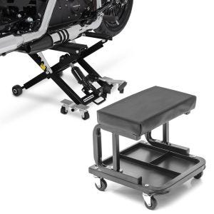 Set: Moto Pont elevateur ciseaux ConStands Mid-lift XL Cric hydraulique 500kg en noir + Tabouret d'atelier à roulettes ConStands WS3 siège d'atelier noir