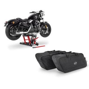 Set: Moto Pont elevateur ciseaux ConStands Mid-lift L pour Chopper 680kg en rouge + Sacs d'interieur de sacoches rigides compatible avec Harley Davidson Touring 94-24 Craftride BG1