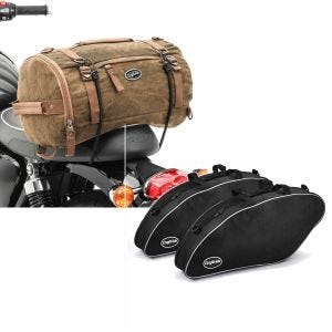Set: Sacoche de selle Moto arrière Vintage 25L Canvas Sac à dos Rouleau marron Craftride + Sacs intérieurs compatible avec Harley Davidson Sport Glide 18-24 sacoches rigides Craftride