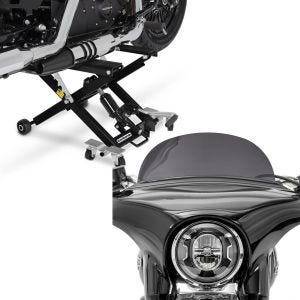 Set: Moto Pont elevateur ciseaux ConStands Mid-lift XL Cric hydraulique 500kg en noir + Pare-brise compatible avec Harley Davidson Sport Glide 18-24 Craftride M saute vent fumé foncé