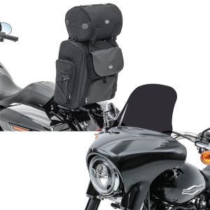 Set: Moto Sissy Bar Sacoche arrière Craftride SXL avec Sac Rouleau en noir + Pare-brise compatible avec Harley Davidson Sport Glide 18-24 Craftride L saute vent fumé foncé
