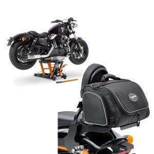 Set: Moto Pont elevateur ciseaux ConStands Mid-lift L Pont hydraulique compatible avec moto custom et Chopper 680kg orange + Moto Sissy Bar Sacoche arrière Craftride TM2 14 Litres en noir CB39520