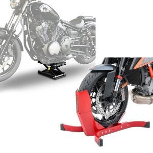 Set: Moto Pont elevateur ciseaux ConStands Mid-lift M noir compatible avec moto custom et Chopper kg en noir + Bloque Roue ConStands Easy-Plus Bequille Avant à 21 Pouces rouge CB39541