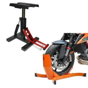 Set: Béquille Lève Cross Hydraulique ConStands Crosslift Pro + Bloque Roue ConStands Easy-Plus Bequille Avant à 21 Pouces orange