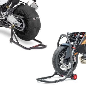 Set: Moto Couvertures Chauffantes Laguna Seca ConStands 60-80°C avant et arrière 17 pouces in noir + Béquille sous tete de fourche Constands Falcone leve moto roue avant