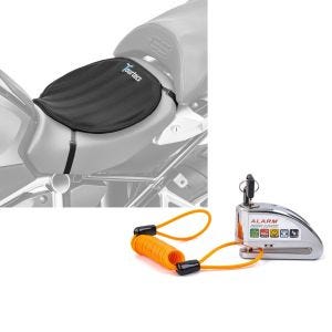 Set: Motorrad Gel Sitzkissen Tourtecs Neopren L Gelkissen Sitzauflage in schwarz + Bremssscheibenschloss Alarm mit Erinnerungskabel Tourtecs Diebstahlschutz Motorrad 110dB chrom