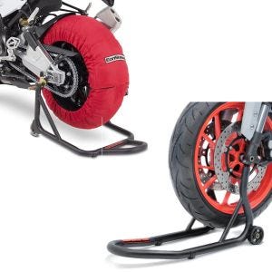 Set: Moto Couvertures Chauffantes Laguna Seca ConStands 60-80°C avant et arrière 17 pouces in rouge + Béquille roue avant ConStands Front Fork noir mat