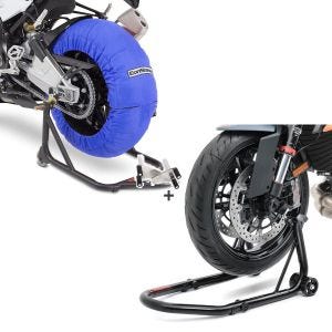 Set: Motorrad Reifenwärmer Set Laguna Seca ConStands 60-80°C passend für Vorderrad und Hinterrad 17 Zoll in blau + Montageständer Vorderrad ConStands Racing S Motorradständer V-Aufnahme