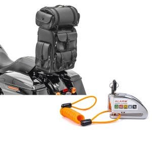 Set: Sissybar Tasche mit Gepäckrolle passend für Chopper Craftride DLX Hecktasche PU Leder + Bremssscheibenschloss Alarm mit Erinnerungskabel Tourtecs Diebstahlschutz Motorrad 110dB chrom