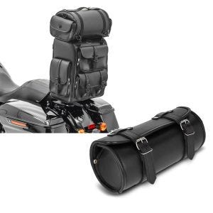 Set: Sissybar Tasche mit Gepäckrolle passend für Chopper Craftride DLX Hecktasche PU Leder + Motorrad Werkzeugrolle Craftride Kansas 3Ltr Custom Werkzeugtasche in schwarz