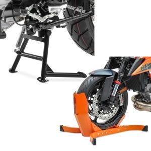 Set: Hauptständer mit ABE passend für Suzuki V-Strom 650 / XT 11-24 Mittelständer ConStands in schwarz + Motorradwippe ConStands Easy-Plus Motorradständer bis 21 Zoll orange