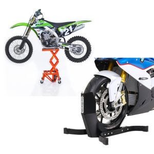 Set: Moto Pont Elevateur Hydraulique ConStands Cross-Lift XL Béquille Motocross avec Roulettes orange + Bloque Roue ConStands Easy-Plus Bequille Avant à 21 Pouces noir-mate
