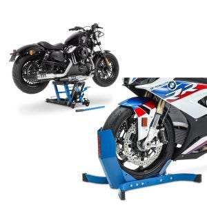 Set: Moto Pont elevateur ciseaux ConStands Mid-lift L compatible avec moto custom et Chopper 680kg en bleu + Bloque Roue ConStands Easy-Plus Bequille Avant à 21 Pouces bleu CB39117
