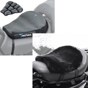 Set: Motorrad Luftkissen Tourtecs Air Deluxe M Komfort Sitzkissen in schwarz + Lammfell Sitzkissen Tourtecs CA910 32 x 27 cm