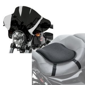 Set: Motorrad Windschild Batwing Craftride passend für Custombikes Craftride inkl. Haltesatz dunkel getönt + Motorrad Gel Sitzkissen Tourtecs L Komfortkissen universal in schwarz