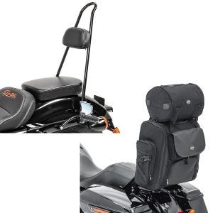 Set: Sissy Bar Tall passend für Harley Davidson Sportster 04-20 Craftride schwarz + Motorrad Sissybar Tasche Craftride SXL Hecktasche mit Gepäckrolle in schwarz