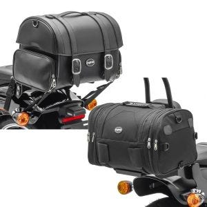 Set: Motorrad Hecktasche Craftride FP Sissybar Tasche passend für Cruiser und Retro 32 Liter + Motorrad Hecktasche Craftride RB1 Gepäckrolle 24-30Ltr passend für Chopper Cruiser und Custombikes schwarz