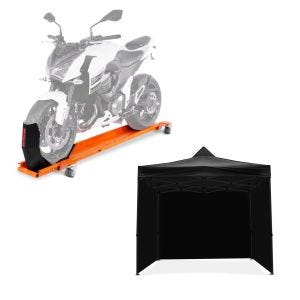 Set: Rail de Range avec Bloque Roue ConStands Smart Mover max. 450 kg + Pavillion pliable 3x3m Tourtecs Pavillon pliable pour la piste de course noir
