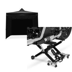 Set: Rennzelt mit 4 Seitenwänden 3x3m Tourtecs faltbar für die Rennstrecke schwarz + Motorrad Hebebühne ConStands Mid-lift XL Motorradheber bis 500kg in schwarz