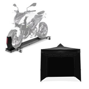 Set: Rail de Range avec Bloque Roue ConStands Smart Mover max. 450 kg gris + Pavillion pliable 3x3m Tourtecs Pavillon pliable pour la piste de course noir